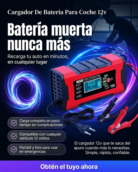 Cargador de Batería para Coche 12V | Cargador Inteligente con Mantenimiento y Protección Múltiple