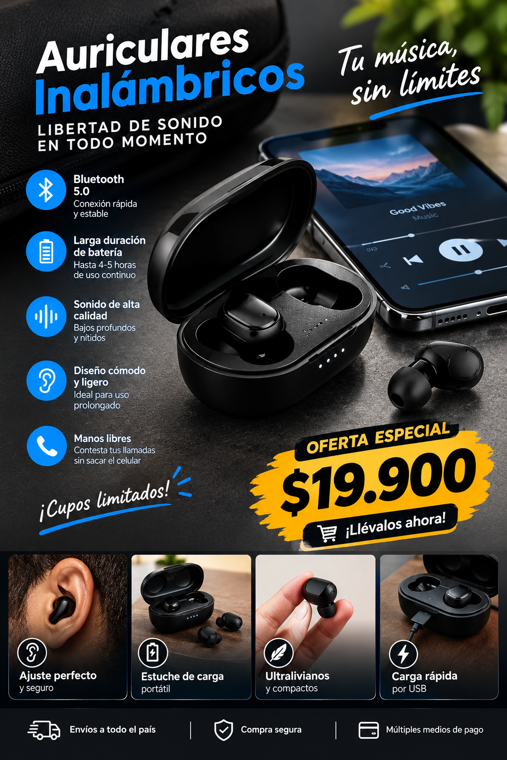 Auriculares Inalámbricos Bluetooth 5.0 | Táctiles, con Micrófono y Estuche de Carga