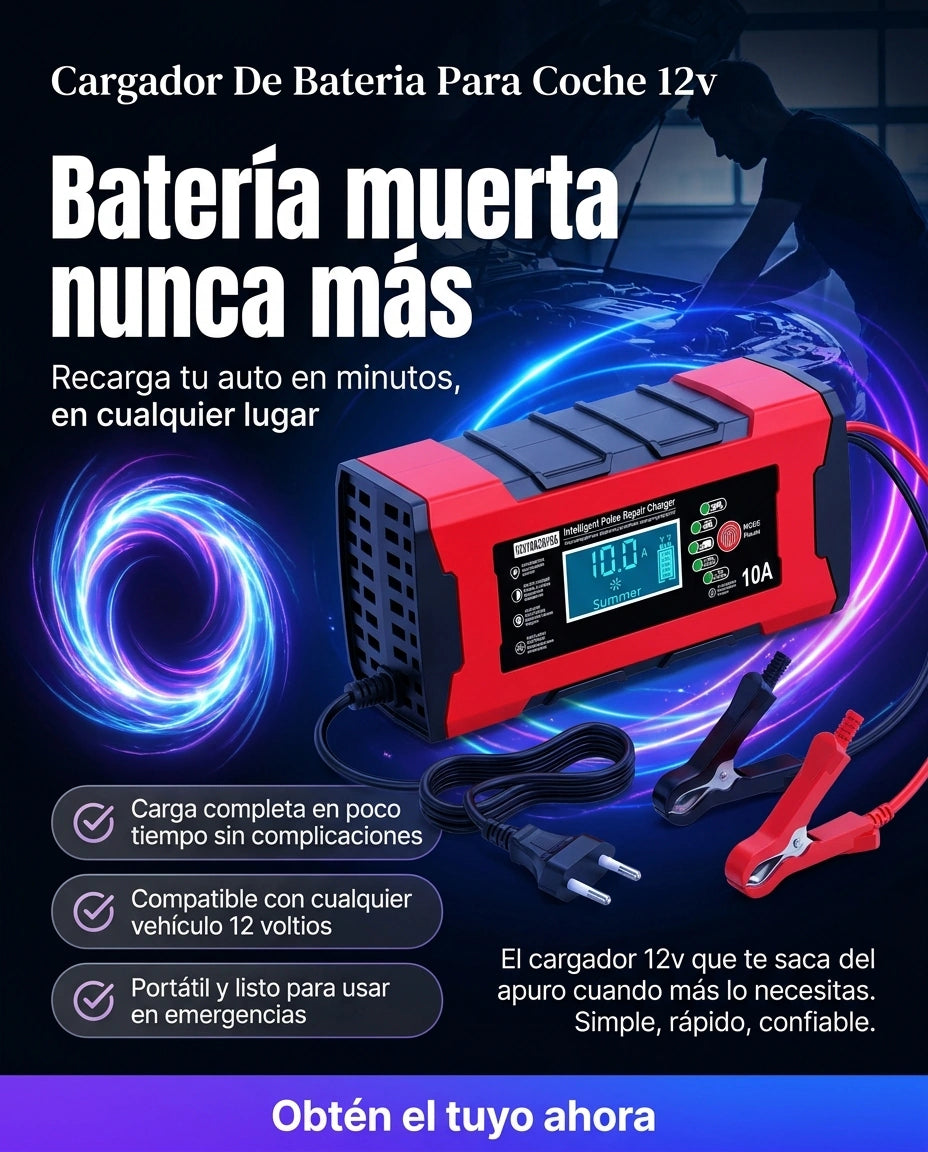 Cargador de Batería para Coche 12V | Cargador Inteligente con Mantenimiento y Protección Múltiple