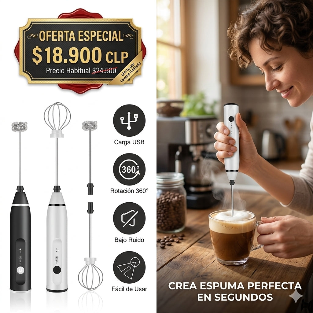 Espumador de Leche Eléctrico Recargable 2 en 1 | Batidor USB con Cabezales Intercambiables