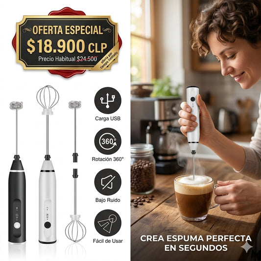 Espumador de Leche Eléctrico Recargable 2 en 1 | Batidor USB con Cabezales Intercambiables