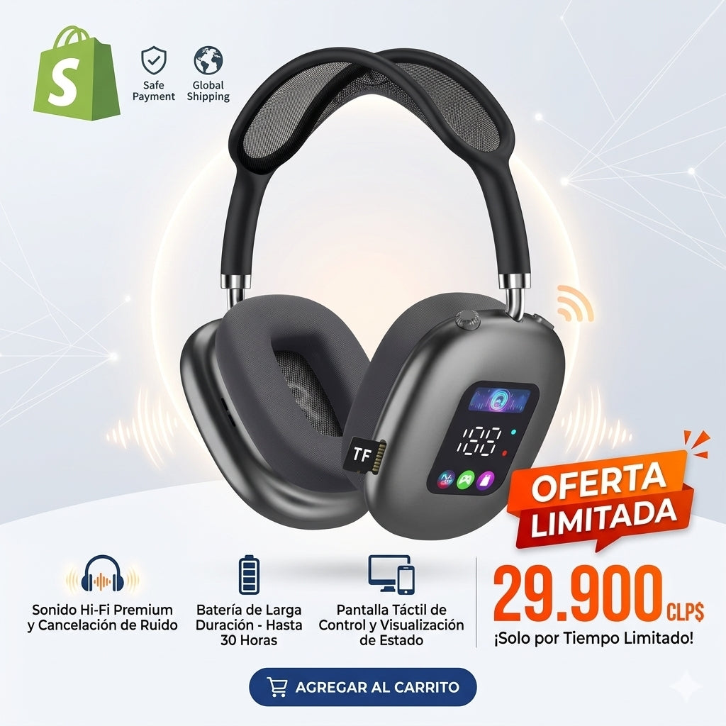 Audífonos Inalámbricos con Pantalla Digital Táctil | Bluetooth, Control desde el Auricular